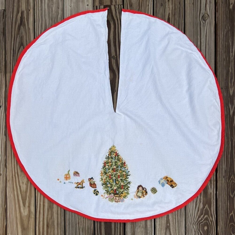 Christmas Tree Skirt Finished Cross Stitch Tree Toys Doll Holiday Lined 42”